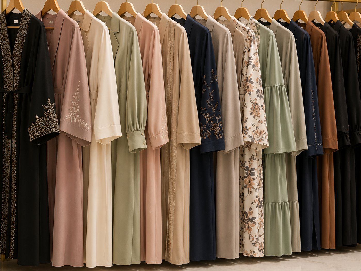 Embroidered abayas and occasion wear on the rack at Arime Company in Iraq