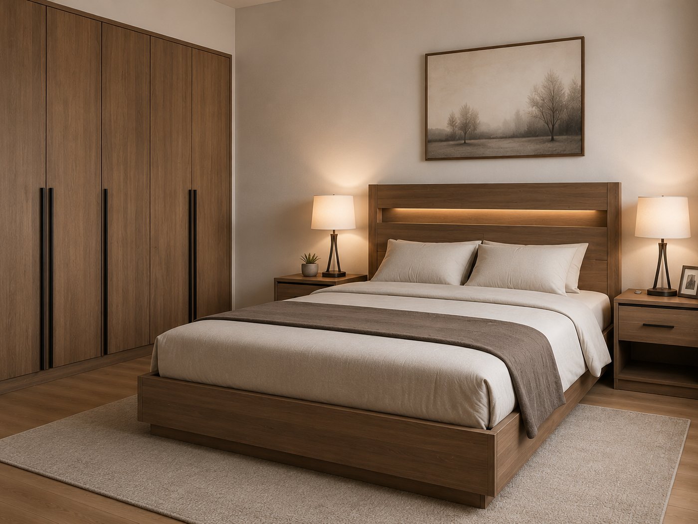 Bedroom set with bed frame and wardrobe at Arime Company showroom in Baghdad